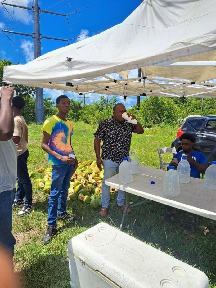 A mentor drinks coconut water at an outdoor tent near a pile of green coconuts and a young participant